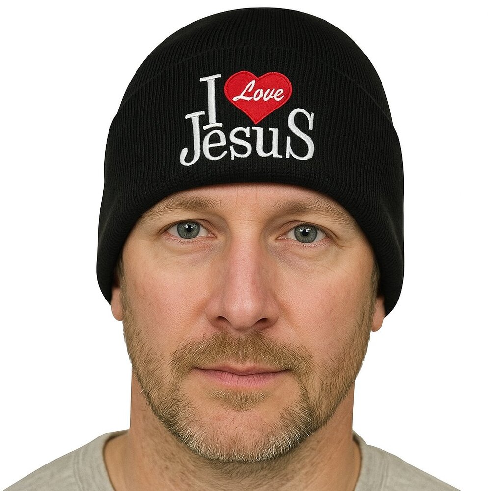 "I Love Jesus" Winter Fleece-Lined Hat, Black - Picture 2 of 3